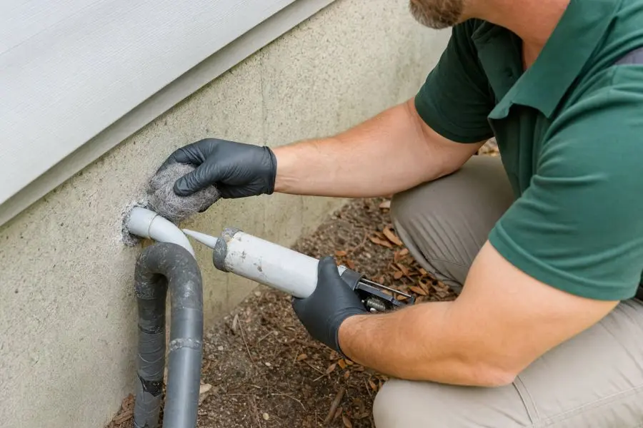 Technician sealing a pipe penetration at a house foundation